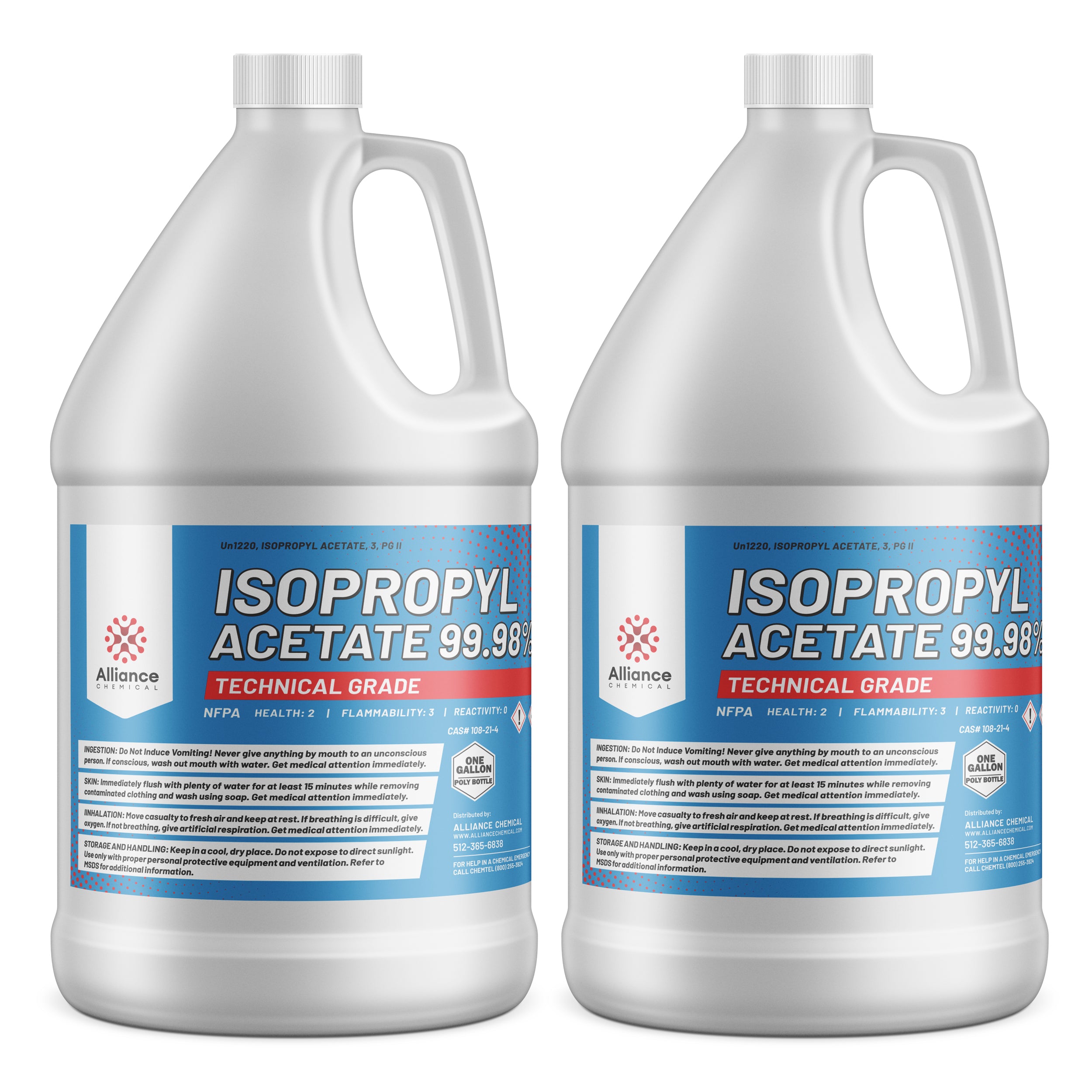1-gallon HDPE jugs of Technical Grade Isopropyl Acetate 99.98%, featuring NFPA diamond (2-3-0), Alliance Chemical branding, and safety instructions.